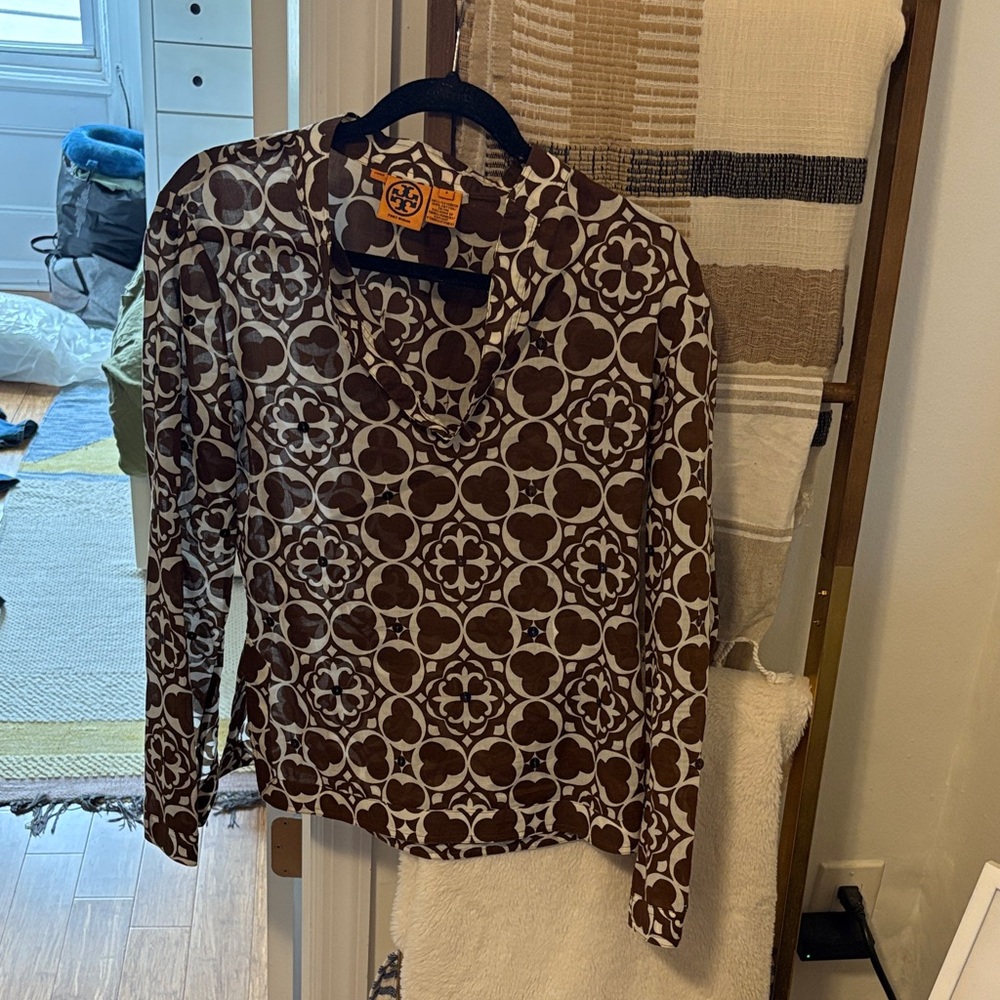 Tory Burch Brown and White Geometric Long Sleeve Top